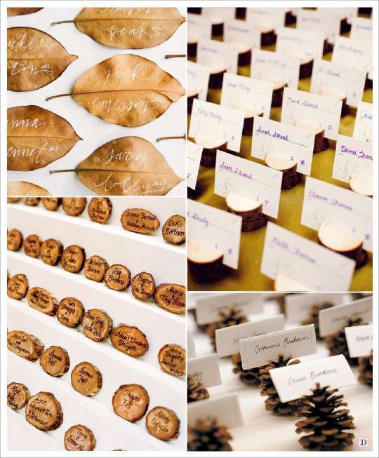 mariage rustique champêtre escort card feuille arbre rondin bois pomme de pin