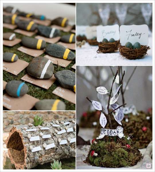 mariage rustique champêtre plan de table escort card tronc galet nid mini arbre branche