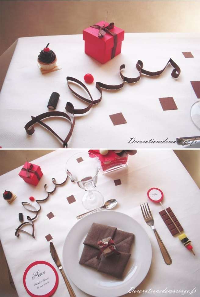 decoration mariage theme gourmandise ecriture nom de table papier roule