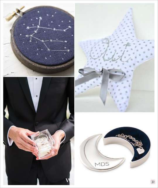 mariage thème etoile porte alliances cercle à broder constellation coussin etoile socle argile