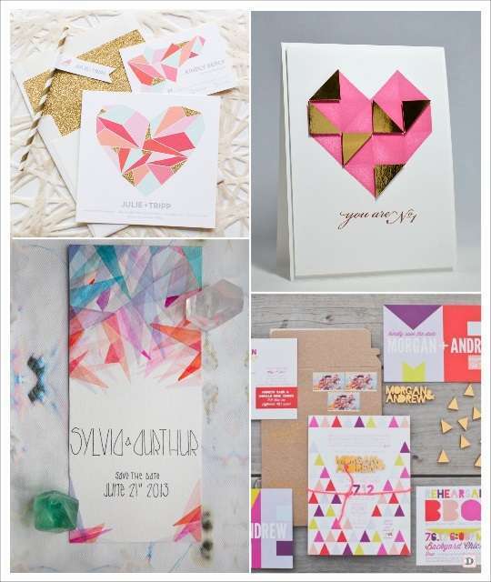 mariage geometrique faire part coeur en origami triangles