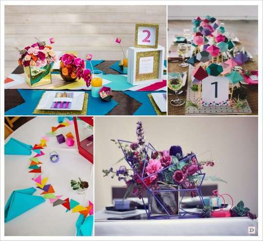 decoration mariage geometrie decoration de table set fleche centre de table polygone  confettis triangles figurines en pailles