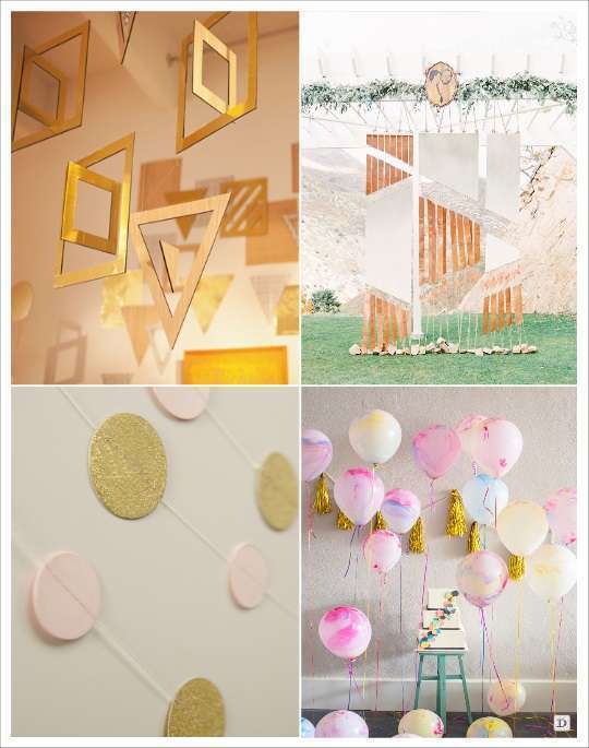 decoration mariage geometrie decoration de salle toile motifs geometriques guirlande pois ballons transparent peints suspensions geometrique arriere plan rubans