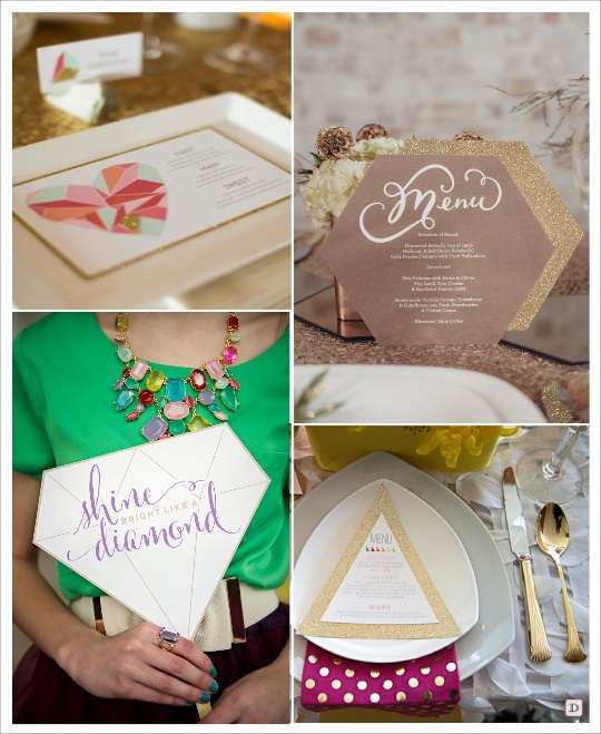 decoration mariage geometrie menu hexagone menu sur batonnet triangle