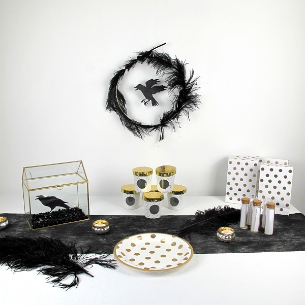 decoration table halloween plume noir corbeau doré
