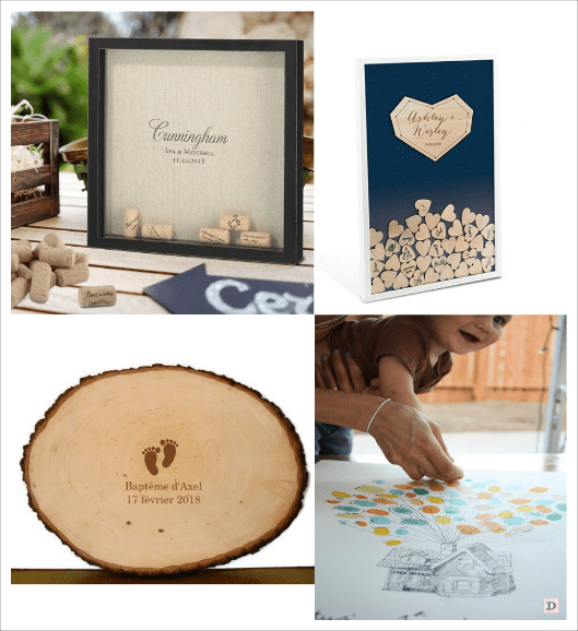 livre d'or cadre personnalisé mariage rondin de bois toile à empreintes