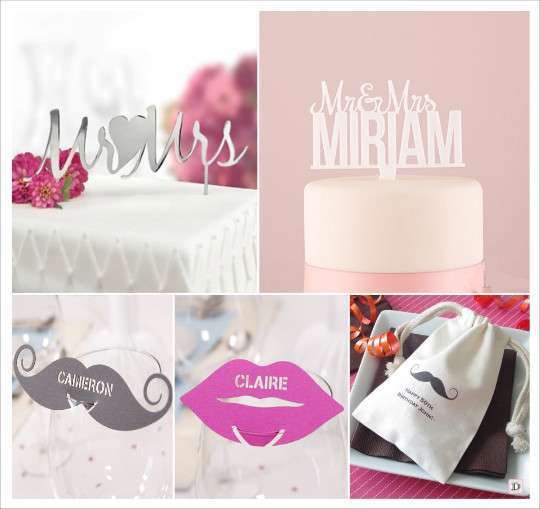 decoration_mariage_moustache_mrmrs figurine gateau en acrylique metal marque place moustache bouche pochon drages personnalises