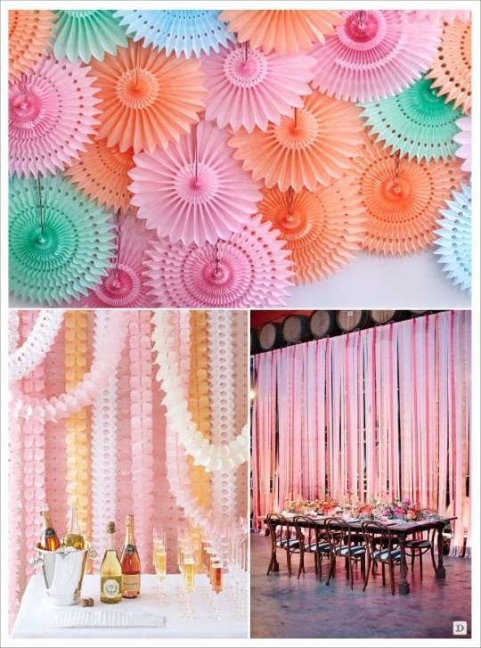 decoration salle mariage cacher un mur rosace en papier guirlande