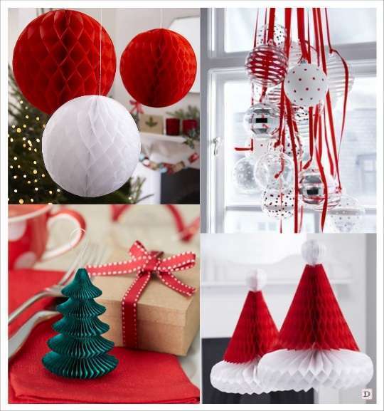 decoration noel a suspendre boule papier alveole bonnet père noel sapin boule transparente