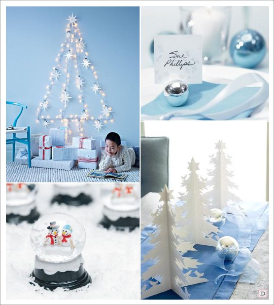 decoration noel blanc bleu sapin mural porte nom boule boule neige sapin centre de table