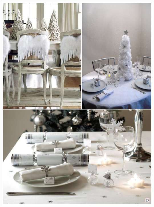 decoration table noel blanc argent ailes anges flocon sapin centre de table