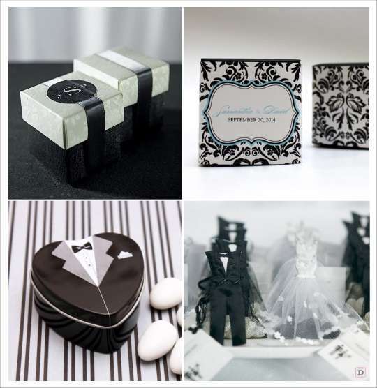 deco mariage noir et blanc cadeaux invites boite à dragées damas pochon dragées costume