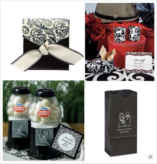 deco mariage noir et blanc cadeaux invites boite à dragées damas mini distributeur sachet confiserie