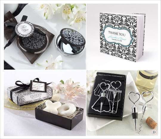 deco mariage noir et blanc cadeaux invites miroir bloc note savon bouchon stopper