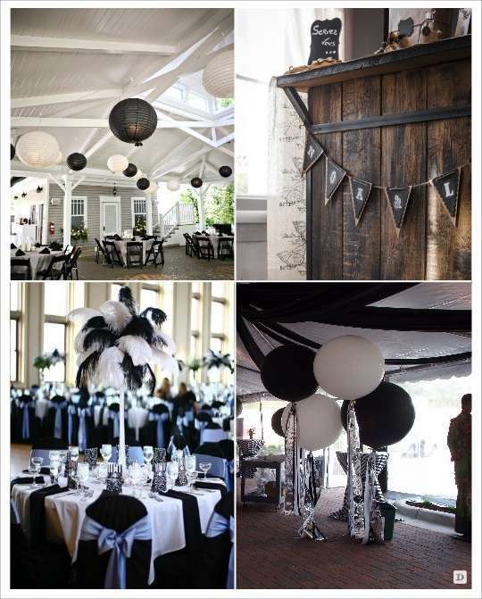 deco mariage noir et blanc guirlande de fanions lampions papier ballons plumes