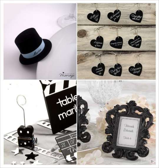 deco mariage noir et blanc marque place caméra chapeau cadre coeur