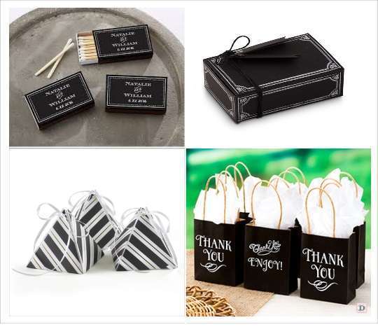 deco mariage noir et blanc cadeaux invites boite allumettes boite pyramide sachet cadeau ardoise