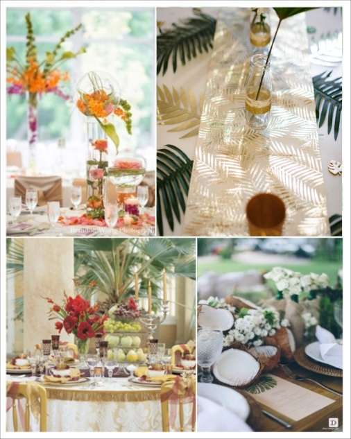 decoration mariage tropical chemin table palmier decoration table noix de coco fleurs exotiques