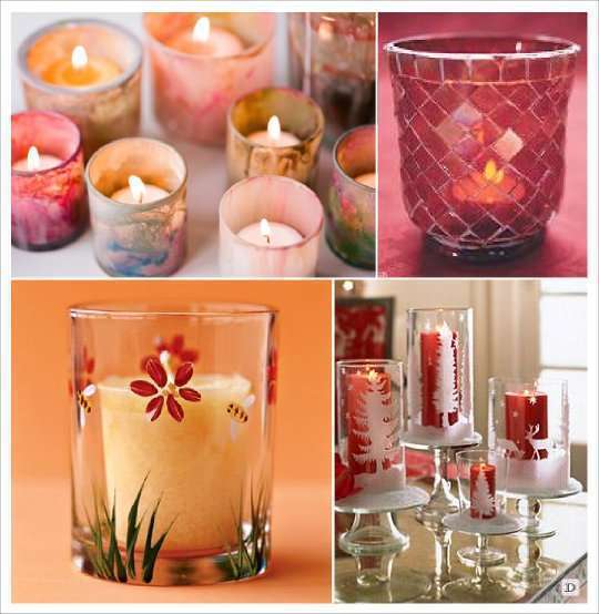 rouge/blanc Fait à la main verre bougeoir avec motif floral