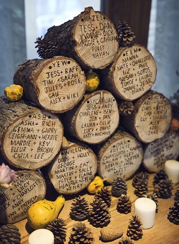 idée plan de table mariage écrit sur rondin de bois