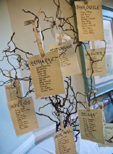 plan de table mariage pancarte sur branchage