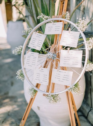 plan de table mariage support sur roue de vélo