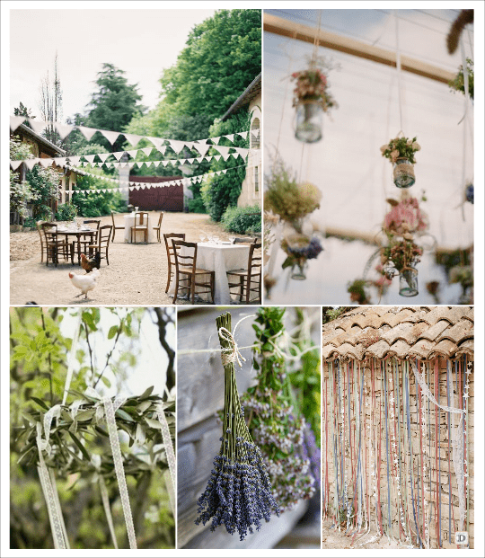 decoration mariage provence decoration salle guirlande de fanions bocaux suspendus couronne d'olivier rideau de fils