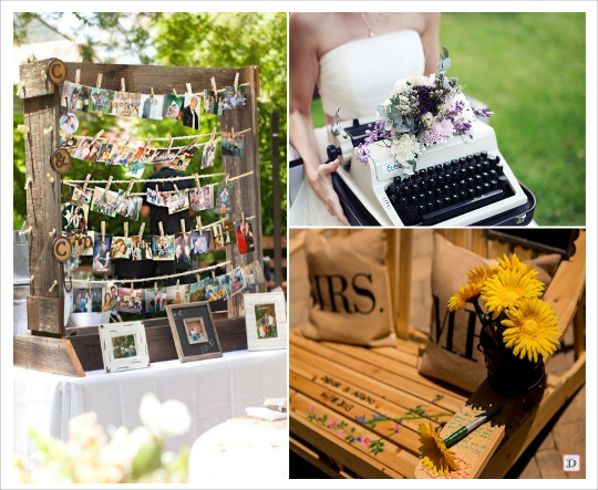 decoration mariage provence cadeaux invités calisson herbes de provence livre d'or appreil photo polaroid machine à écrire banc en bois support à signatures