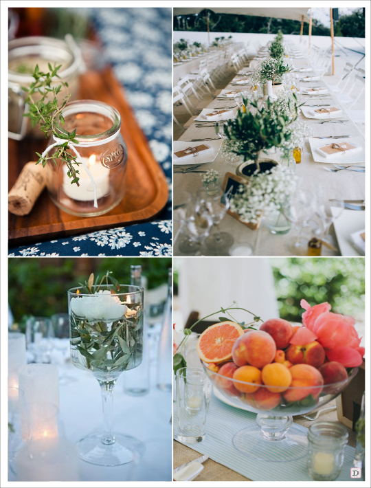 decoration mariage provence centre de table corbeille de fruit pêche bocal arbuste olivier