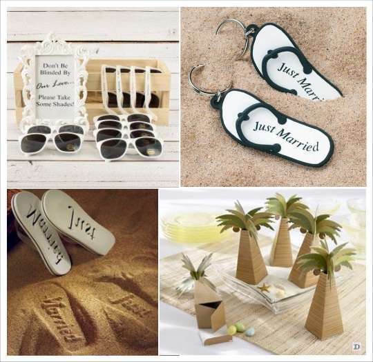 decoration mariage tropical cadeaux invites porte cles tongs lunettes soleil tongs boite dragées palmier