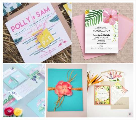 decoration mariage tropical faire part flamand rose feuillage hibiscus