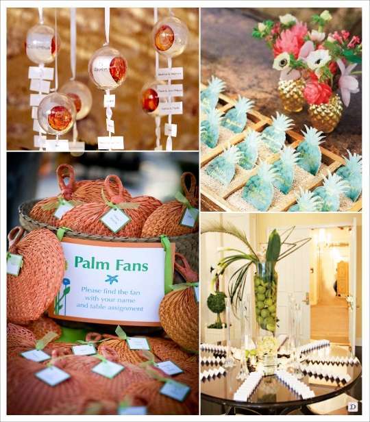 decoration mariage tropical plan de table boule plexiglas escort cards ananas eventail tresse