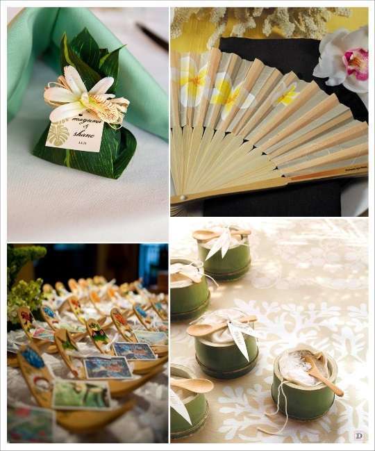 decoration mariage exotique tropical cadeaux invites eventail boite dragees bambou feuillage