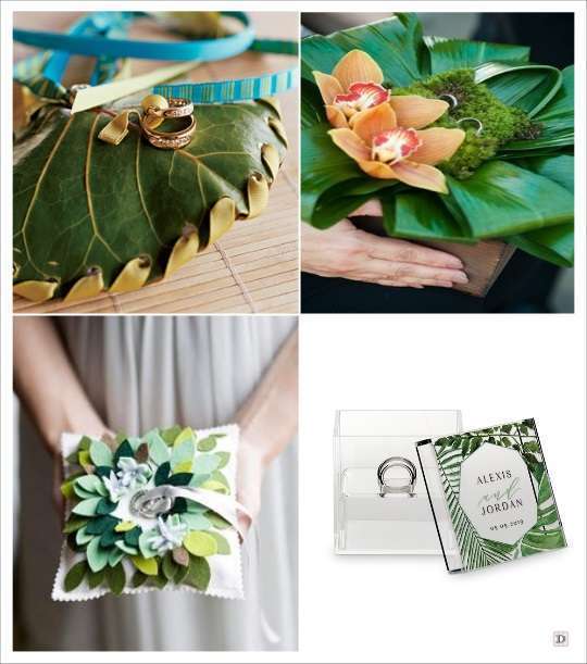 decoration mariage tropical coussin alliances orchidee feuillage boite en plexiglas