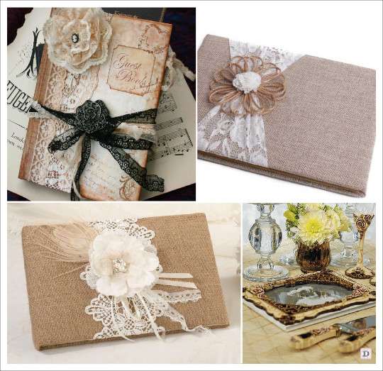 livre dor mariage retro vintage toile de jute dentelle papiers jaunis