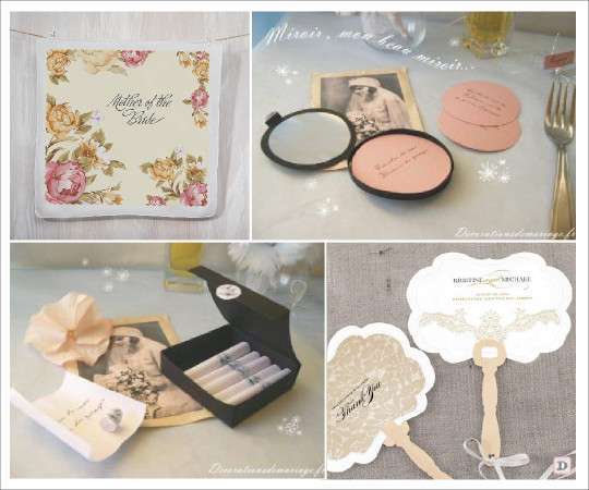 menu mariage retro vintage mouchoir miroir boite cigare eventail