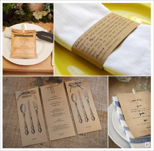menu mariage vintage retro sac papier kraft rond serviette couverts