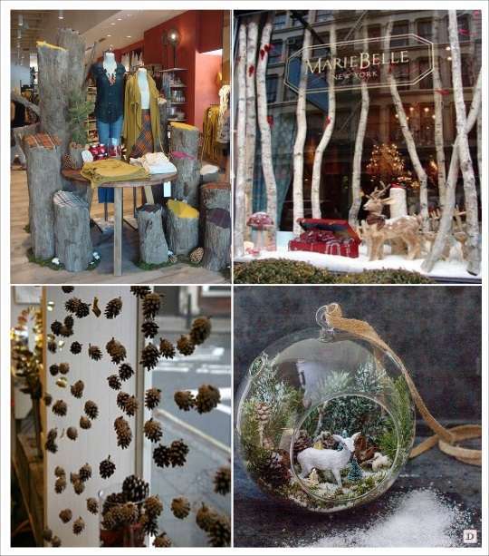 decoration de vitrine de noel bois tronc branches pomme de pin