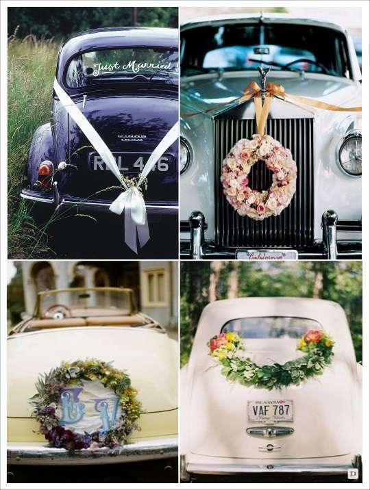 decoration voiture mariage couronne fleurs