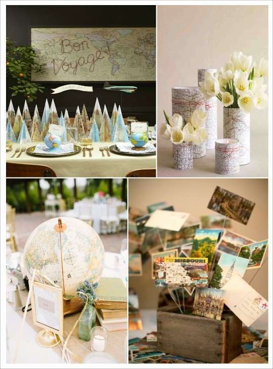 centre de table mariage voyage cone carte geographique globe cartes postales