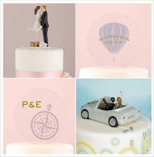 figurine de gateau mariage voyage plexiglas gravé boussole montglfiere