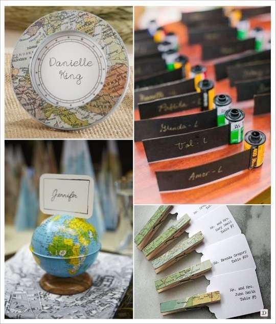 decoration mariage voyage marque place cadre pellicule photo globe pince a linge