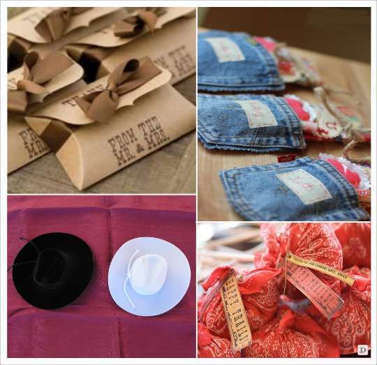 decoration mariage western country pochon dragées jeans etui carton kraft pochon bandana chapeau de cowboy