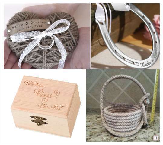 mariage western country porte alliaces coeur encorde fer à cheval coffret en bois panier en cordage