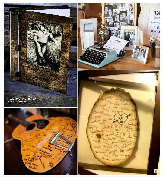 decoration mariage western livre dor couverture en bois machine a ecrire guitare rondin de bois