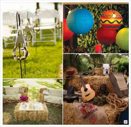 mariage western country decoration salles lampion decoration lieu ceremonie fer cheval bottes de pailles guitare